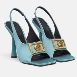 Versace Medusa Crystal Slingback Sandals in Aqua Blue Authentic RARE Size 7